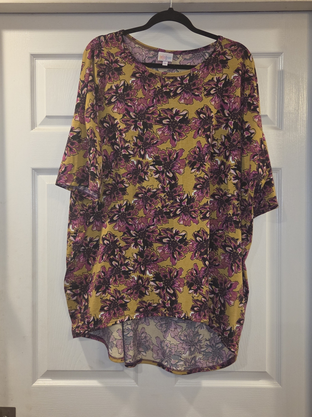 LulaRoe Floral Short-Sleeve Tunic Top in Mustard and Magenta